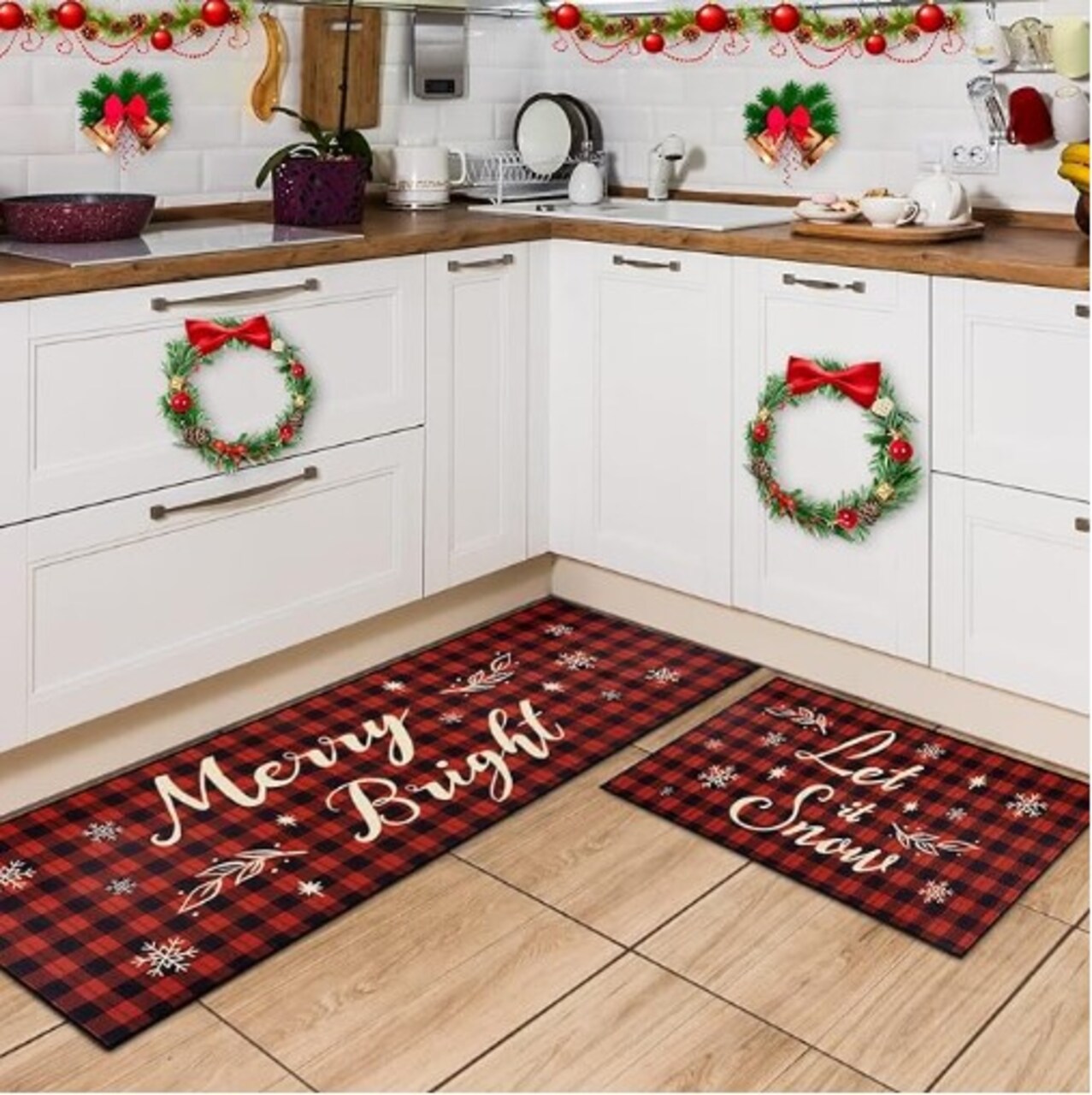 Christmas Kitchen Mat - Red Buffalo Plaid Indoor Floor Mats Non-Slip Kitchen Backing Area Rugs - 2 Piece Kitchen Mats Set 17'' x 47''+17'' x 30'' Xmas Door Carpet for Kitchen Home Christmas Decor